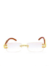 Load image into Gallery viewer, "Cheddar $"(clear smoke lens, Gold with Brown templates wood) sunglasses/glasses
