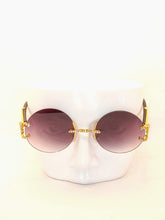 Load image into Gallery viewer, "Gwop" (large black faded tented lens, gold with black wood arm templates) sunglasses/glasses
