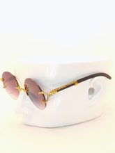 Load image into Gallery viewer, "Gwop" (large black faded tented lens, gold with black wood arm templates) sunglasses/glasses

