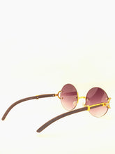 Load image into Gallery viewer, "Gwop" (large black faded tented lens, gold with black wood arm templates) sunglasses/glasses
