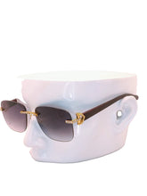 Load image into Gallery viewer, "Superb"(large black faded tented lens, gold with brown wood arm templates) sunglasses/glasses
