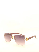 Load image into Gallery viewer, "Superb"(large black faded tented lens, gold with brown wood arm templates) sunglasses/glasses
