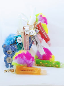 "Bling Teddy" Blue Pom Pom Keychains with Mint Flavored Lipgloss