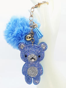"Bling Teddy" Blue Pom Pom Keychains with Mint Flavored Lipgloss